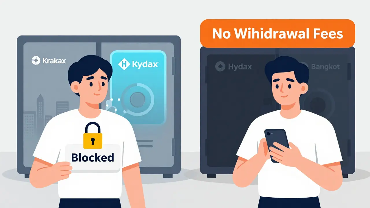 Split scene: a user in the U.S. blocked from Hydax vs. a user in Southeast Asia trading freely with no withdrawal fees.