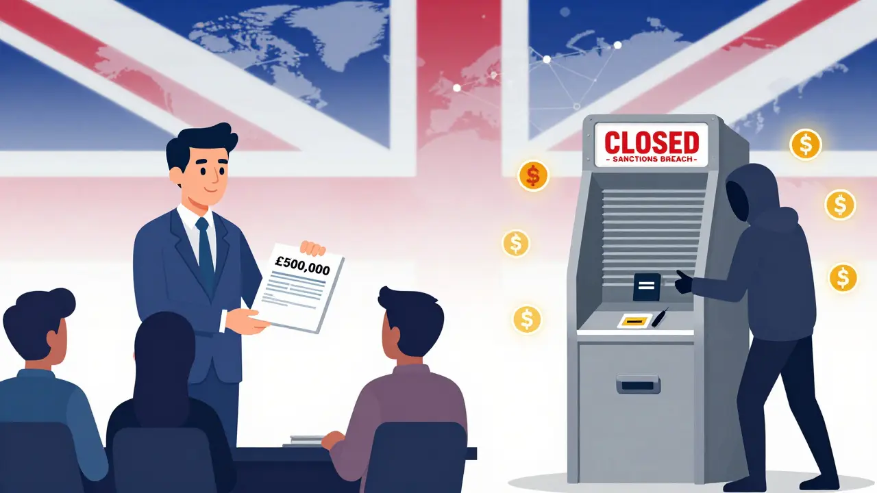 Split scene: compliant crypto firm vs. shuttered ATM due to sanctions breach.