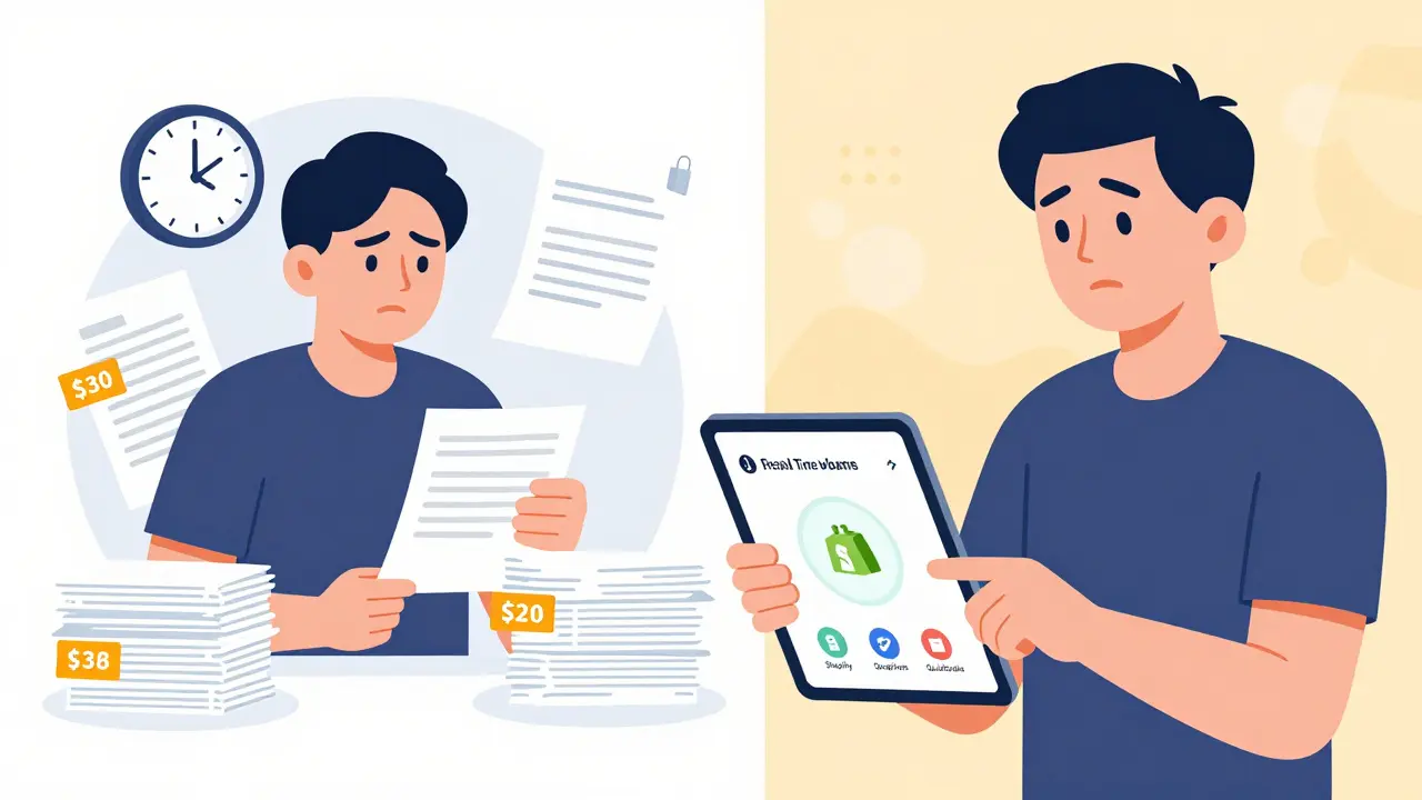 Split-screen comparison: chaotic banking vs. smooth digital wallet management for international payments.