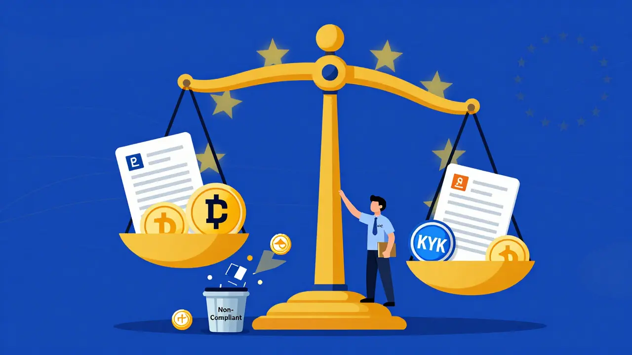 Stablecoins balanced by compliance checks under ESMA oversight, with unlicensed platforms falling away