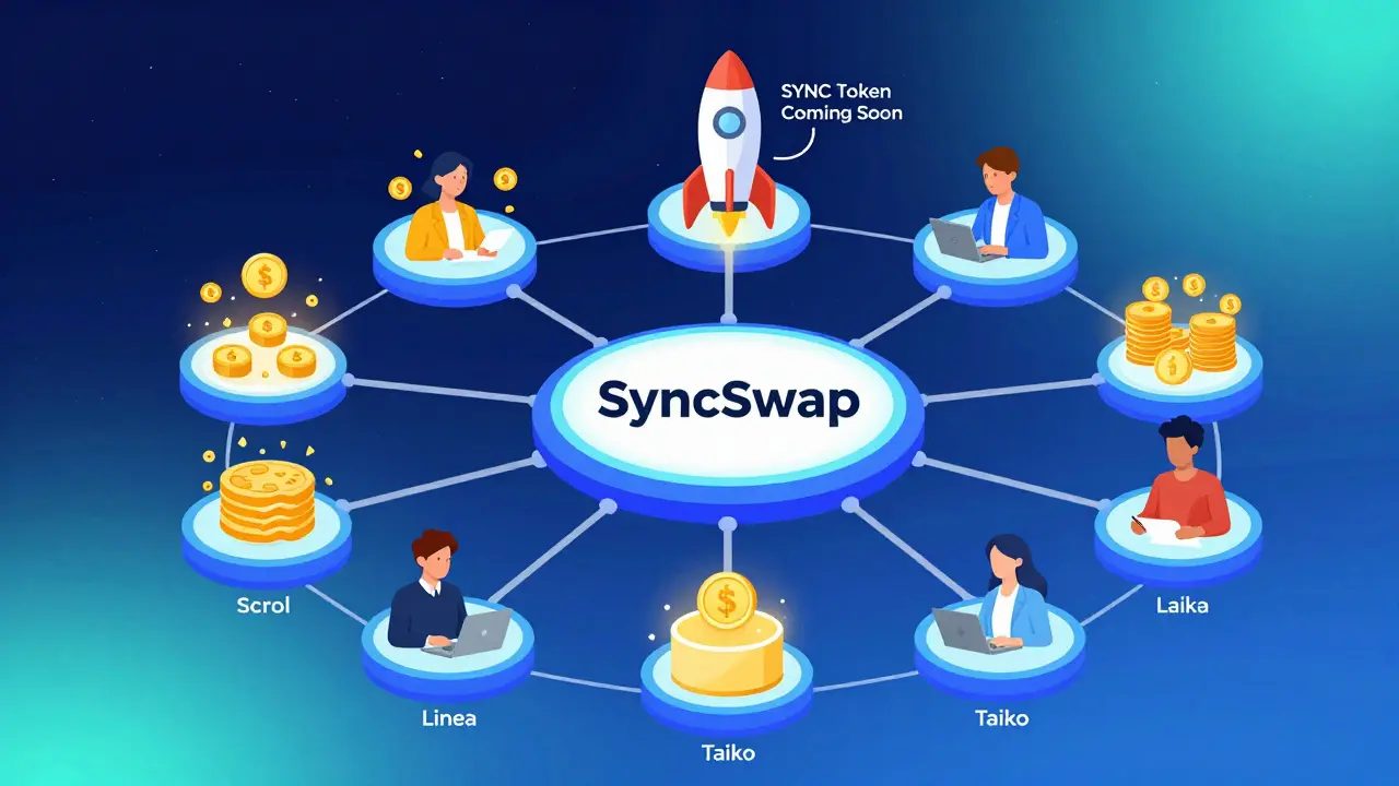 SyncSwap as a central hub connecting multiple Layer 2 networks with glowing liquidity pools.