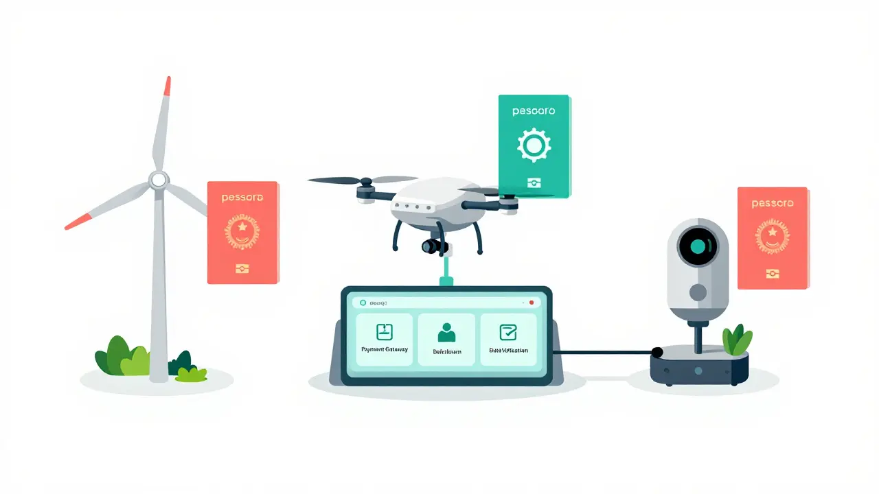 Three machines with digital passports connected to blockchain modules labeled Payment Gateway and Data Verification.