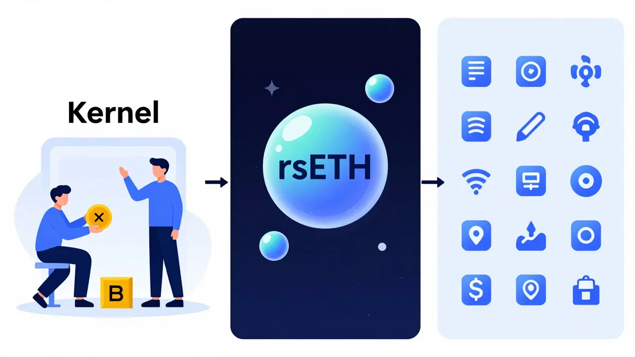 Three panels showing Kernel, Kelp, and Gain protocols with cross-chain DeFi interactions