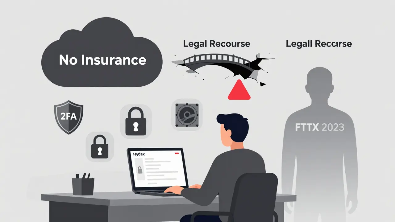 Trader using Hydax with security features active, but a dark cloud of 'No Insurance' looms and a broken bridge of legal recourse.