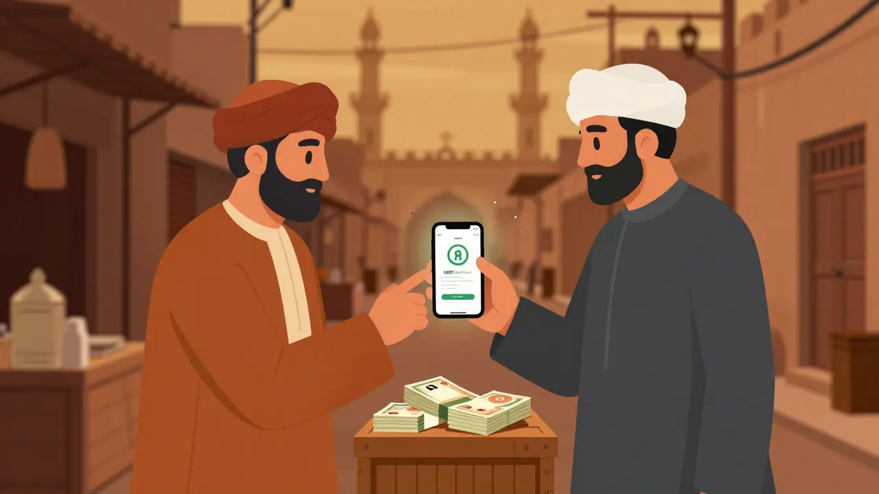 Two traders exchange USDT for Afghan currency in a Peshawar alley.