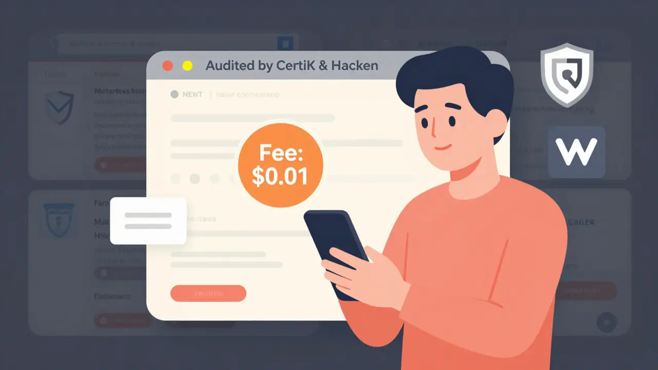 User swapping crypto on mobile with low fee and security badges, scam sites fading away.