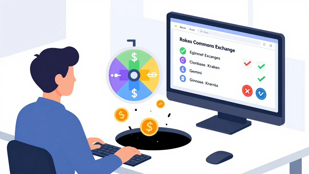 User trapped by spinning withdrawal wheel as crypto vanishes, while legitimate exchanges glow safely nearby.