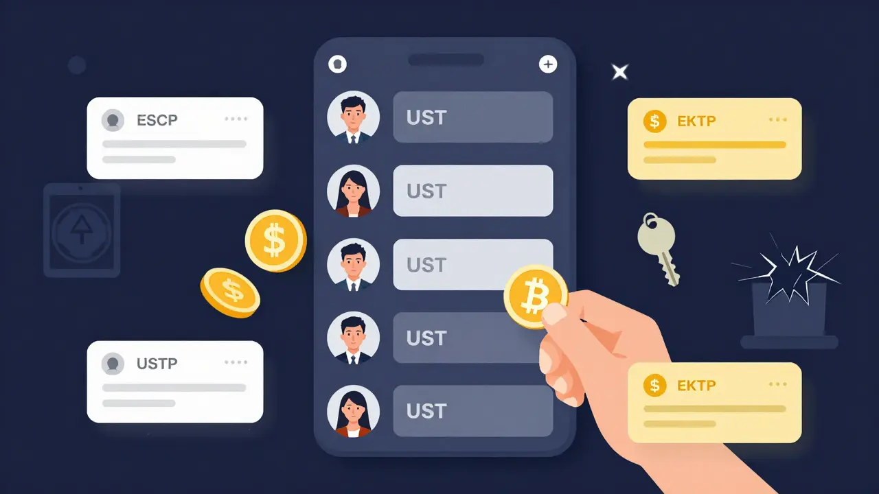 WeChat users trading USDT through encrypted escrow bots, with bank transfers and crypto coins moving between hands.