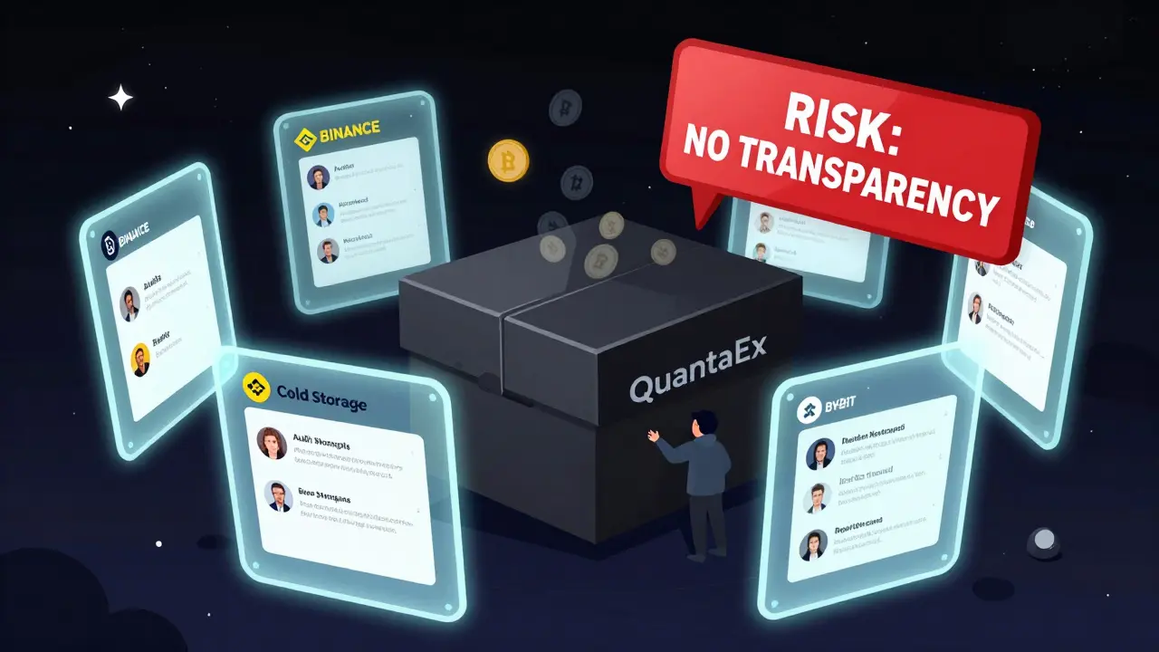 A black box labeled QuantaEx floats in space, surrounded by transparent shields from trusted exchanges showing audits and user data.