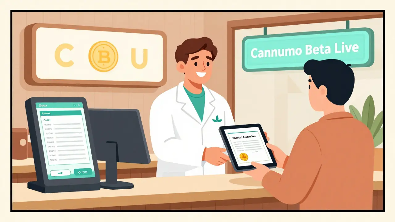 A cannabis dispensary with digital kiosks showing blockchain transactions and a staff member handing over a verified tablet.
