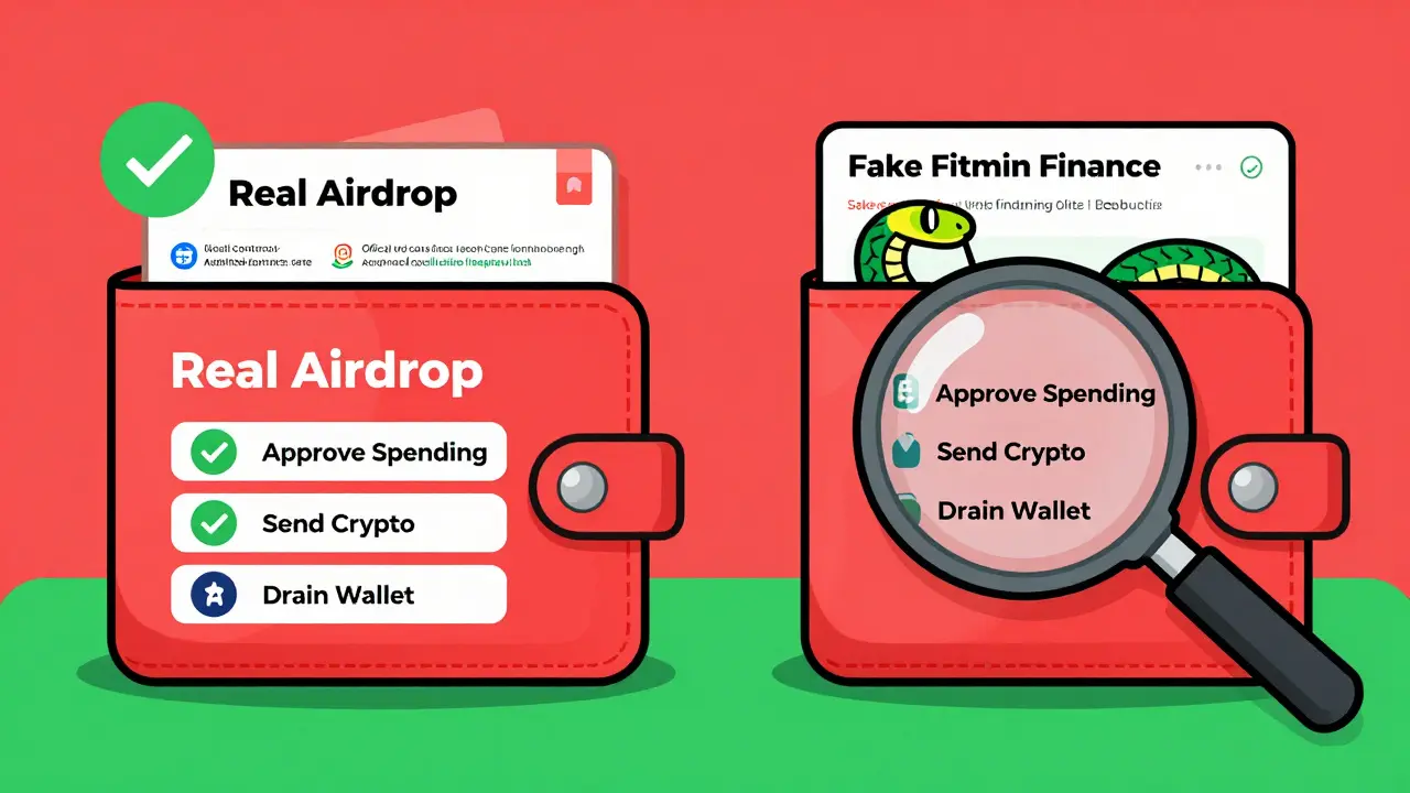 A comparison of a real airdrop and a fake one, with clear warning signs and traps shown visually.