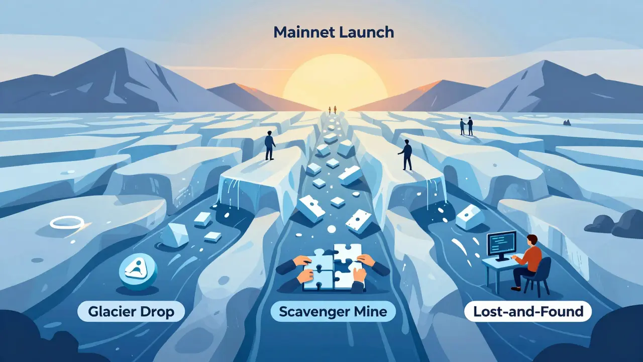 A glacier landscape with three streams of token distribution: Glacier Drop, Scavenger Mine, and Lost-and-Found under a rising sun.