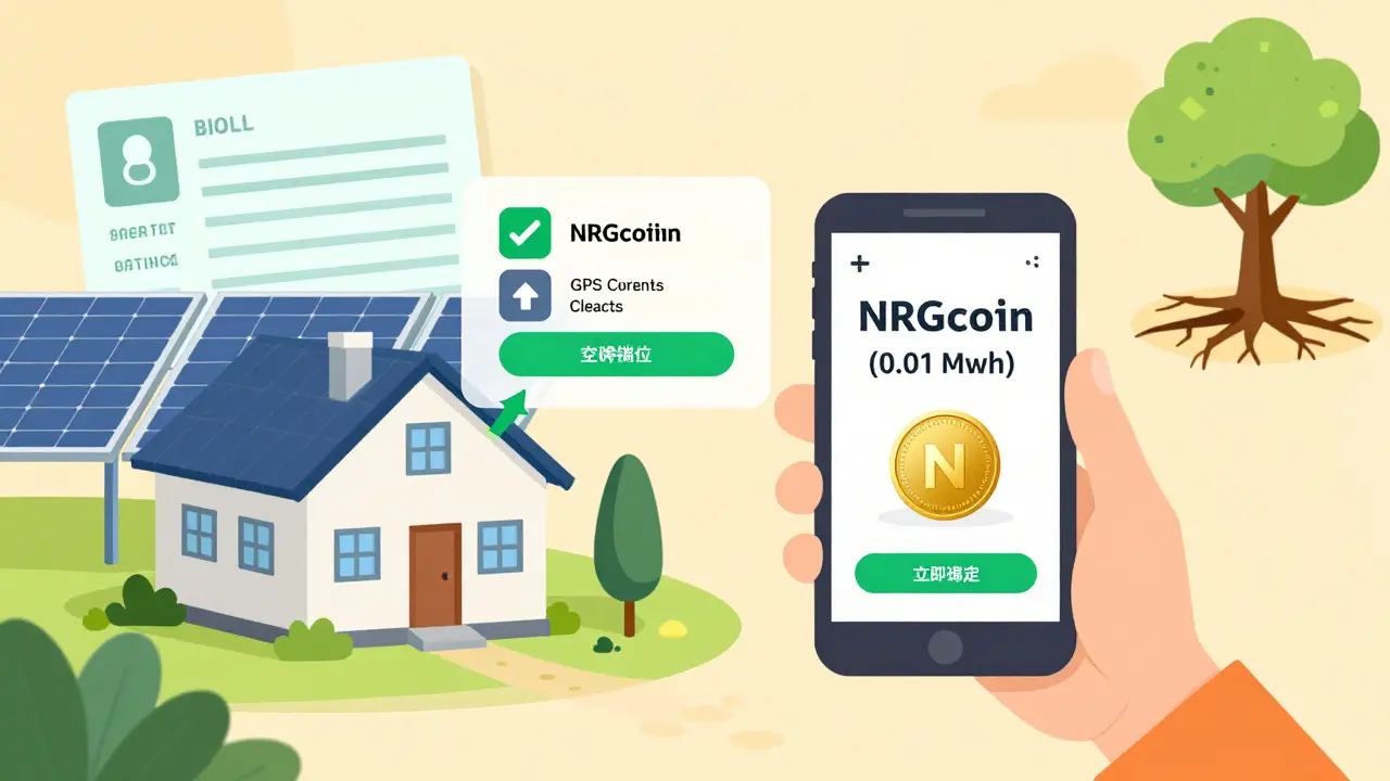 A homeowner buys a small energy token via tablet, linked visually to a distant solar farm with metadata overlay.