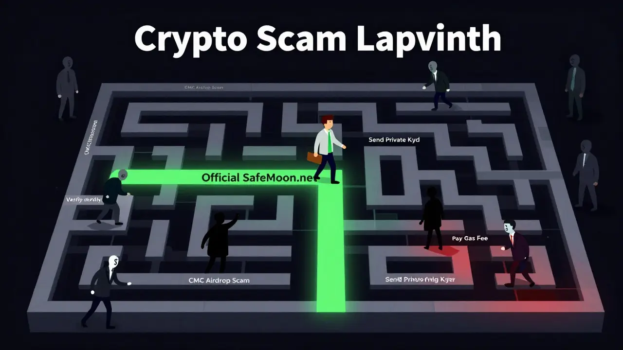 A maze labeled Crypto Scam Labyrinth with one safe path to Official SafeMoon.net and many fake scam paths leading to traps.