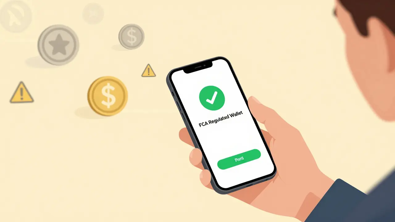 A person making a safe stablecoin payment with FCA-approved wallet, while unregulated tokens fade in background.