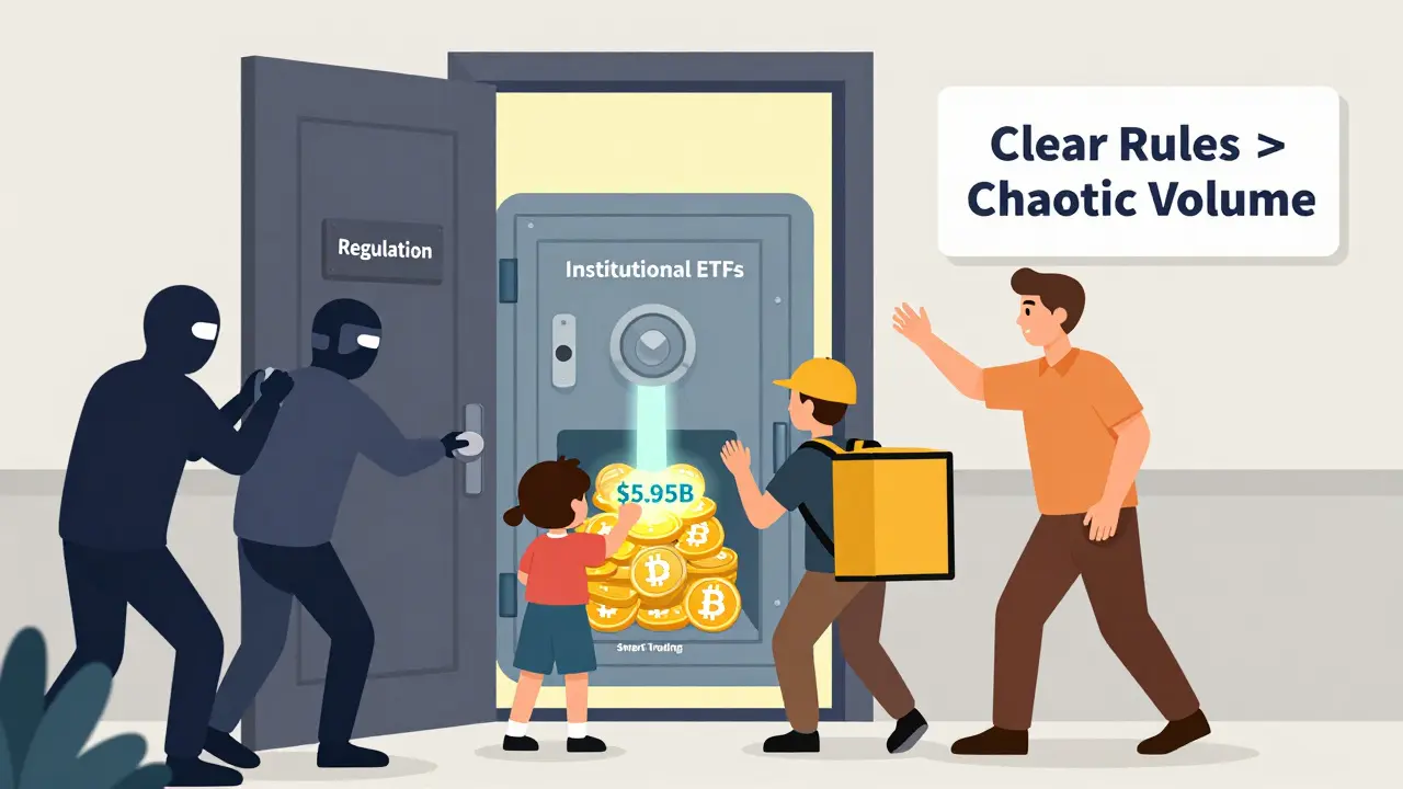 A regulated front door blocks criminals but hinders normal access, while institutional funds flow into Bitcoin and USDC through ETFs.