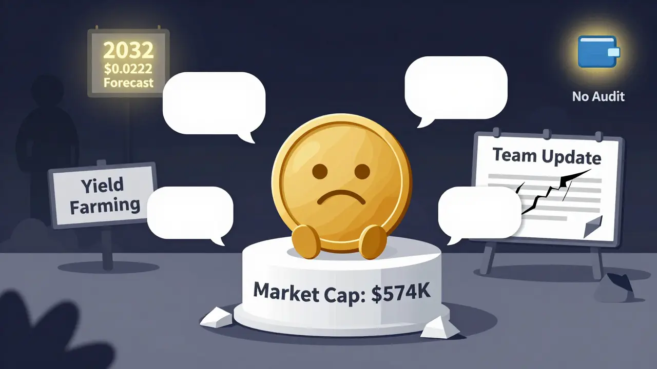 A sad KOI token on a crumbling pedestal, surrounded by abandoned features and a flickering price forecast.