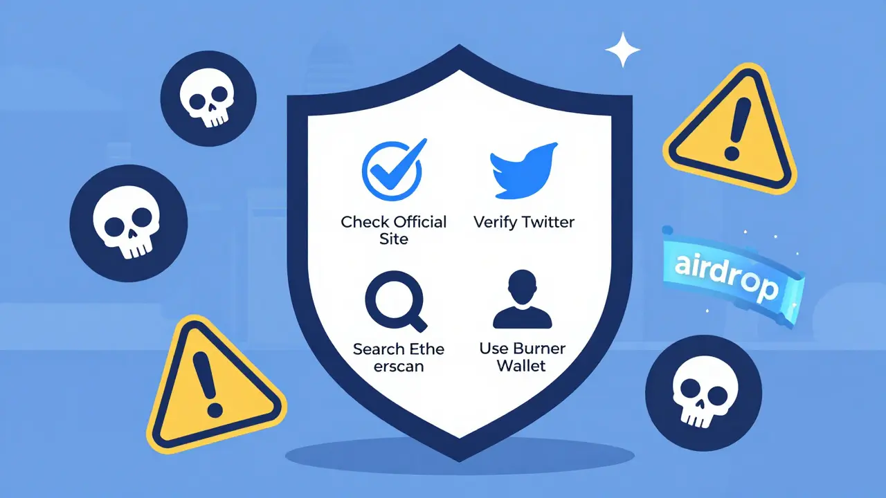 A safety guide with icons for verifying crypto projects, surrounded by warning signs on a calm blue background.
