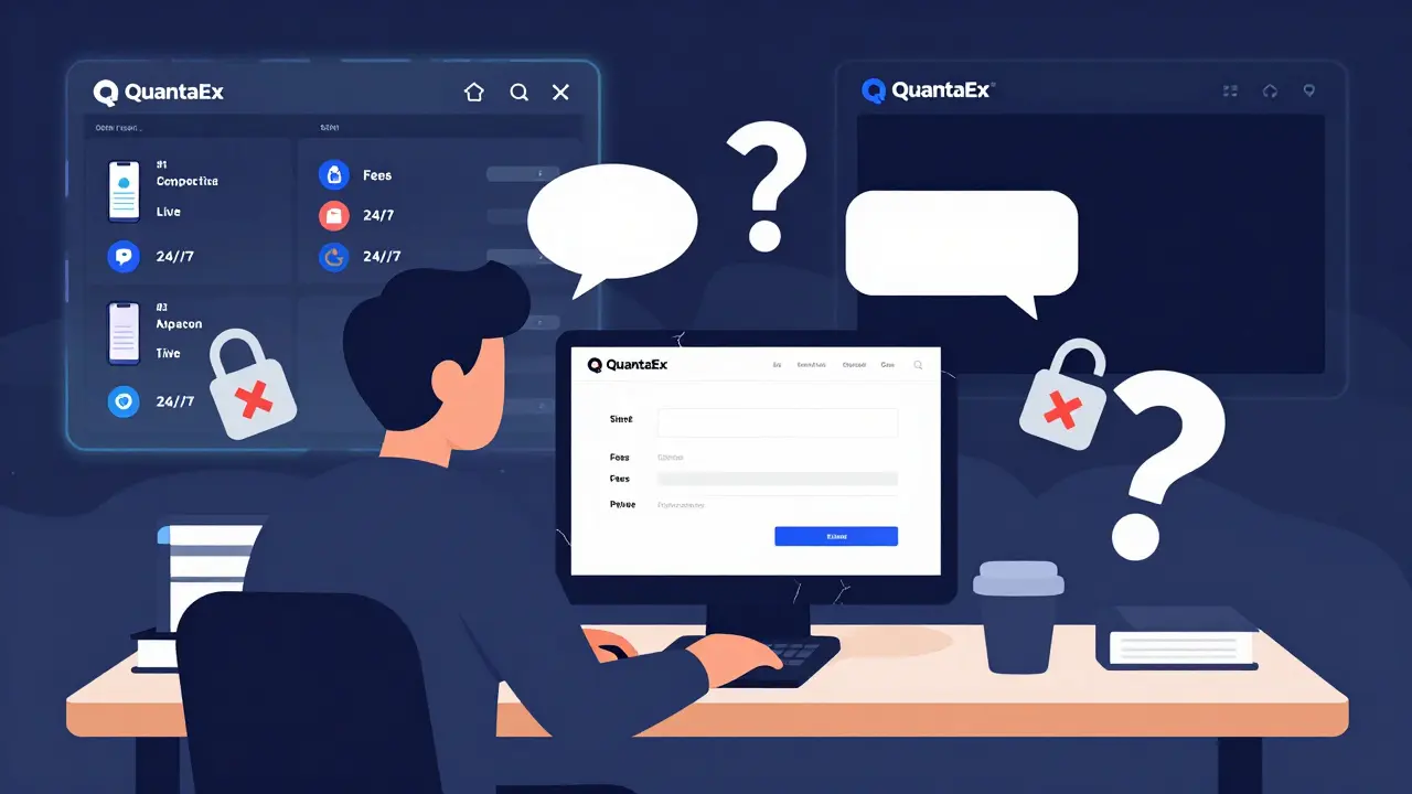 A trader faces a blank QuantaEx website while floating question marks and lock icons highlight missing information.