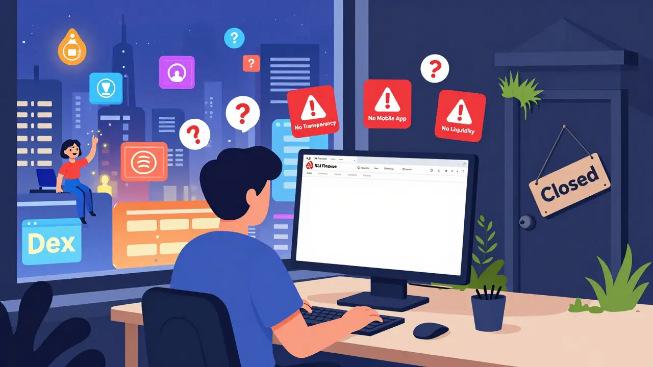 A user facing a blank Koi Finance website, surrounded by warnings, while a vibrant DeFi city shines outside.