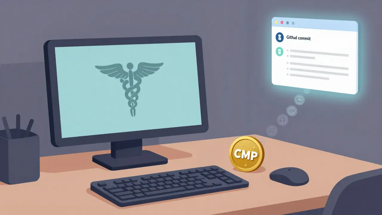 An abandoned computer screen showing a faded Caduceus logo and a lone CMP token on a keyboard.