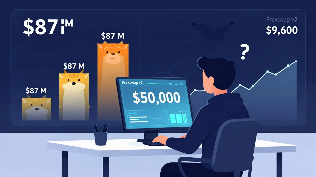 An institutional trader using Fraxswap v2 while massive trading volumes of competitors tower over it in the background.