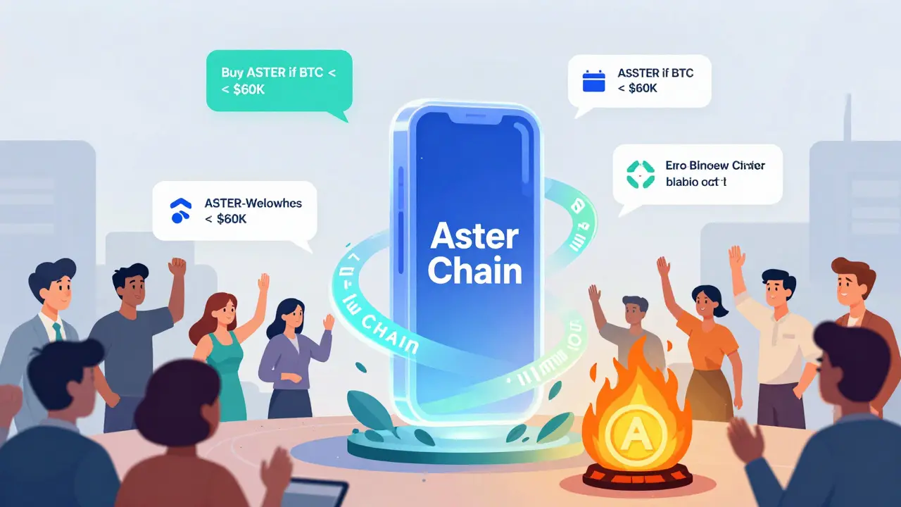 Aster Chain blockchain with zero-knowledge proofs and intent-based trades auto-executing across multiple networks.