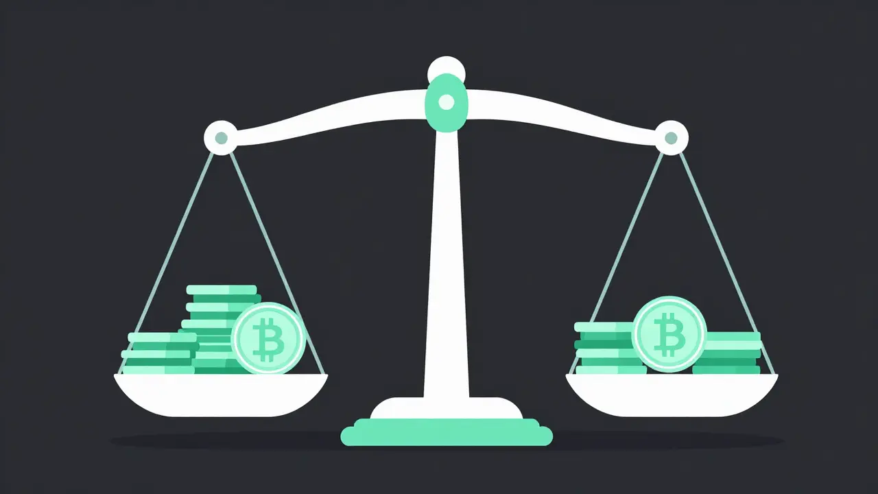 Balance scale with equal coin piles for transparent fees.