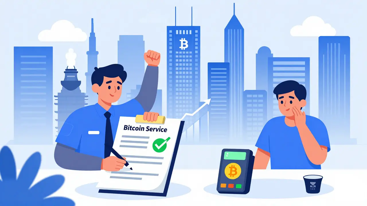 Bitcoin City construction in background, CNAD officer stamping a Bitcoin business license.