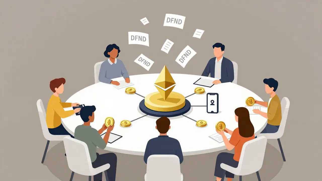 Community members voting with DFND tokens around a smart contract hub connected to Ethereum and mobile app.