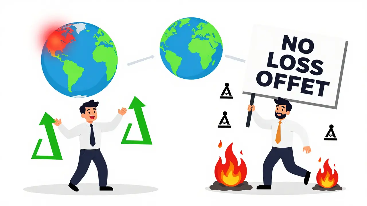 Comparison of crypto tax fairness: U.S. allows loss offsets, India burns losses — global contrast in flat cartoon style.