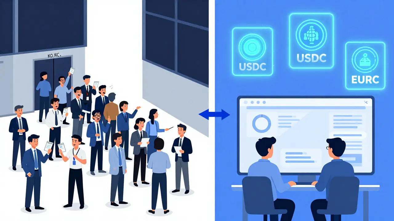 Contrasting chaotic U.S. crypto trading with calm, compliant trading in Singapore, showing locked doors vs. glowing stablecoins.