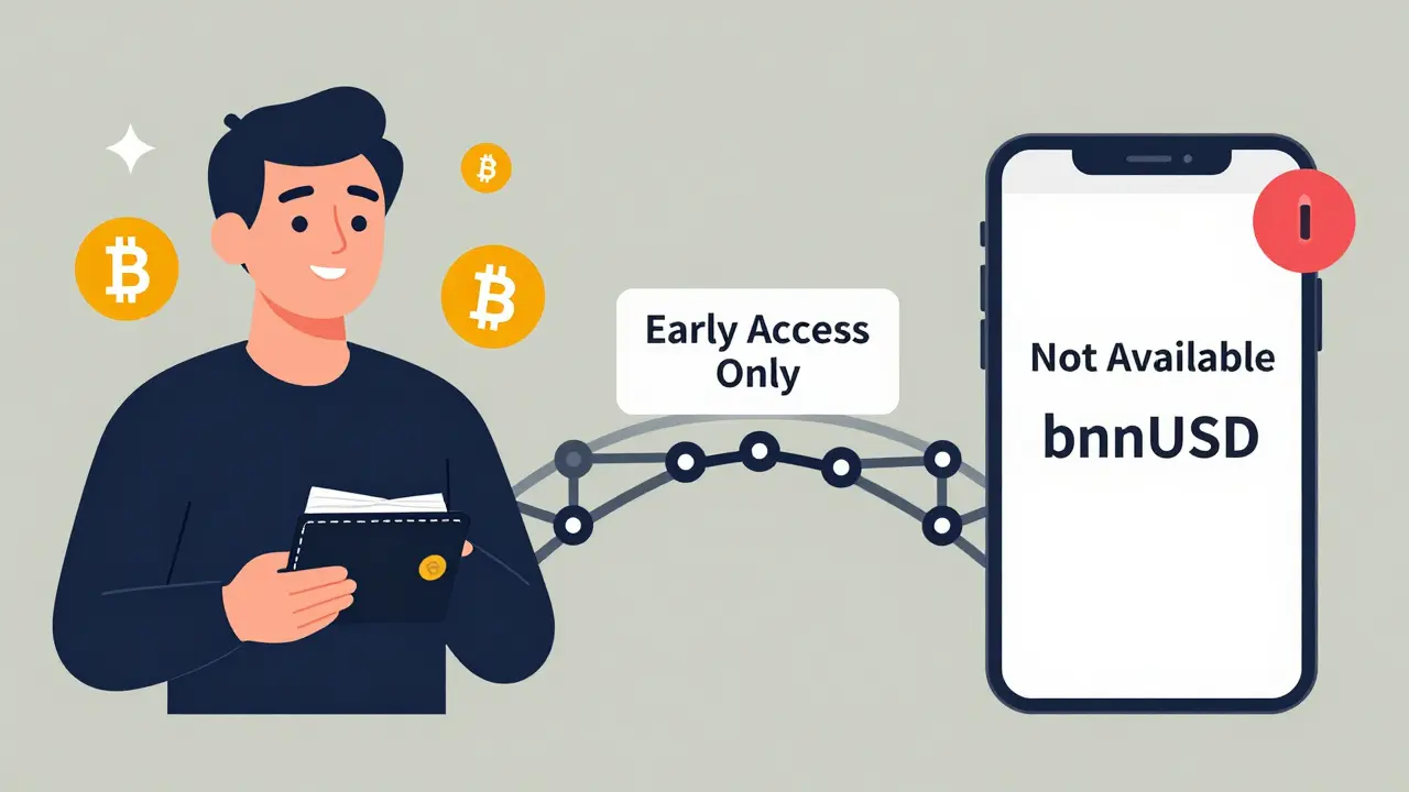 Contrasting DeFi-savvy user and confused beginner, with bnbUSD unavailable on Binance.