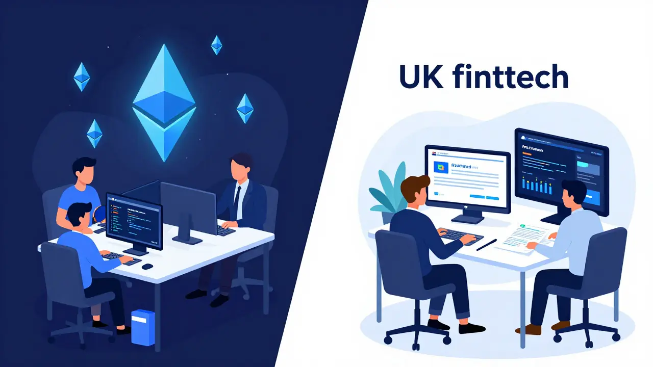 Developers working on decentralized code beside a regulated fintech office filing compliance paperwork.