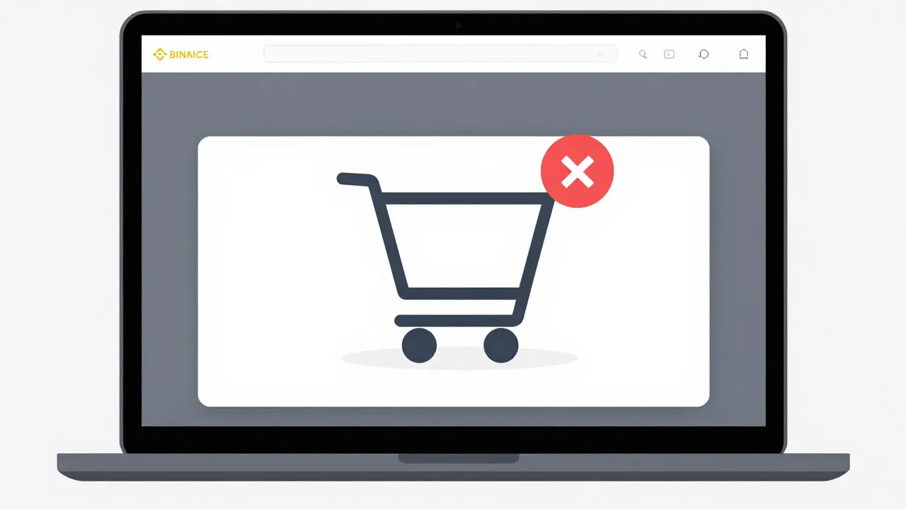 Empty shopping cart with red X on Binance page