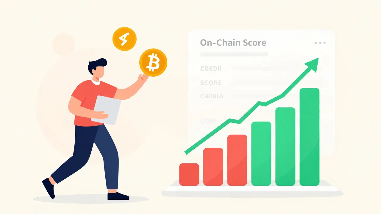 Peer-to-peer lending with rising credit score bar and collateral icons, showing transparent on-chain credit tracking.