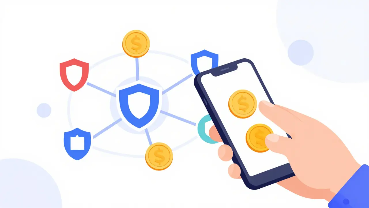 Person tapping coins and connected blockchain nodes