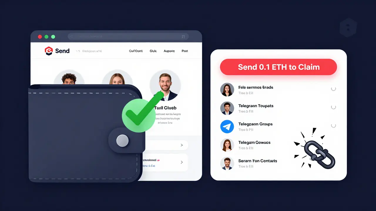 Split scene: secure official airdrop portal vs. chaotic scam site with red 'send ETH' buttons and bot-filled Telegram groups.