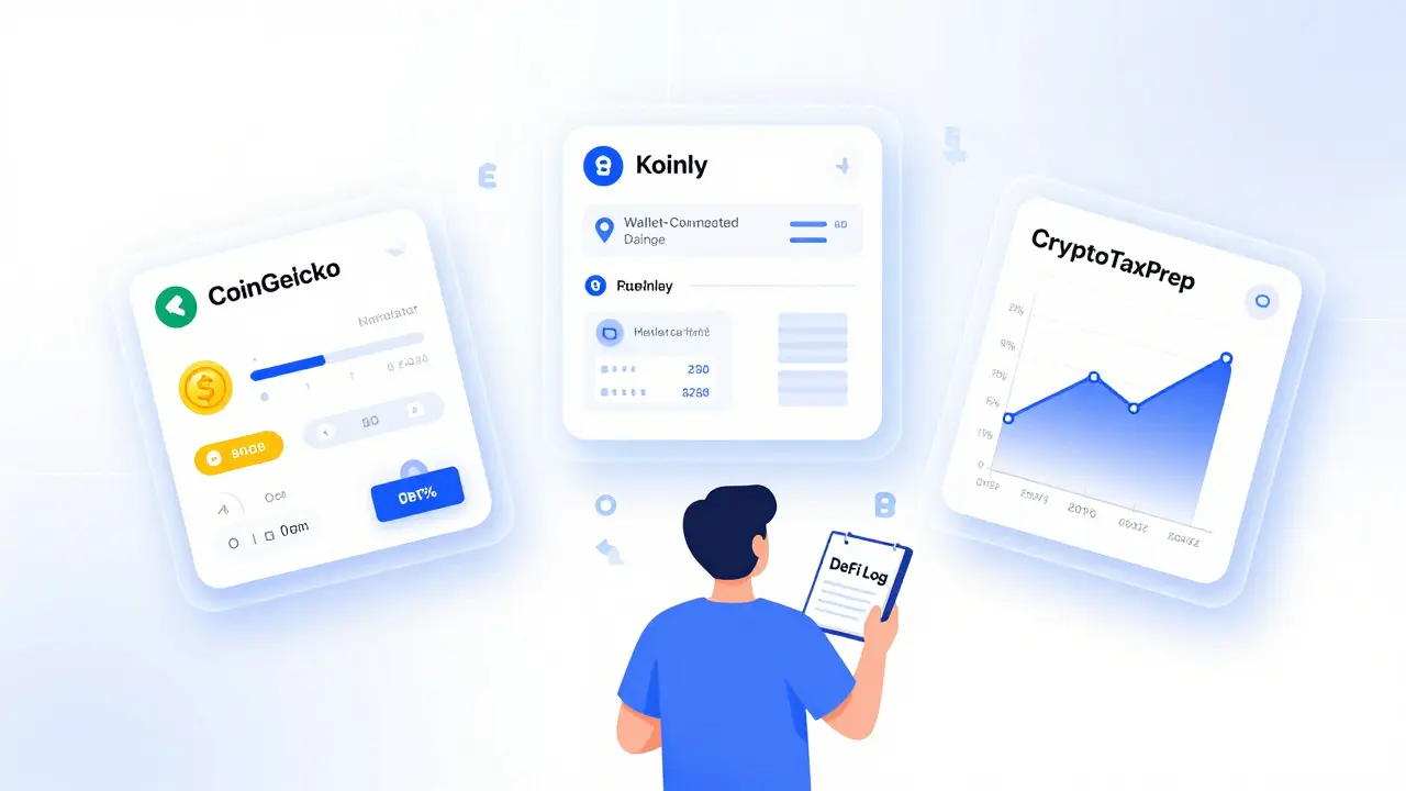 Three DeFi calculators floating around a person using a notebook to track liquidity pool performance.