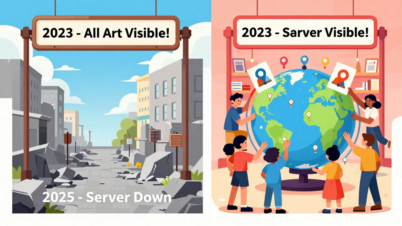 Two timelines: one showing an NFT gallery fading into ruin, the other thriving with global community preservation.