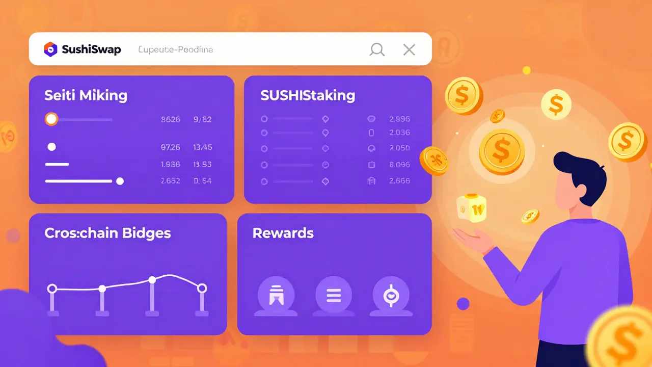 User managing liquidity mining and xSUSHI staking on SushiSwap's multi-panel dashboard.