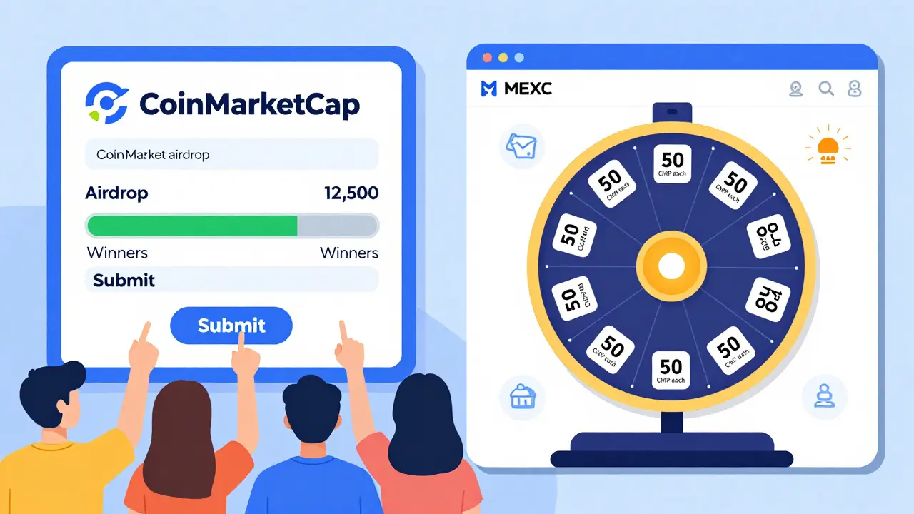Users submitting airdrop forms on CoinMarketCap and MEXC lottery dashboard with token rewards displayed.