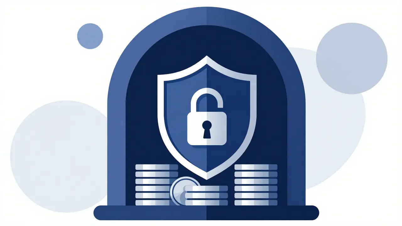Vault with coins protected by shield and lock icon.