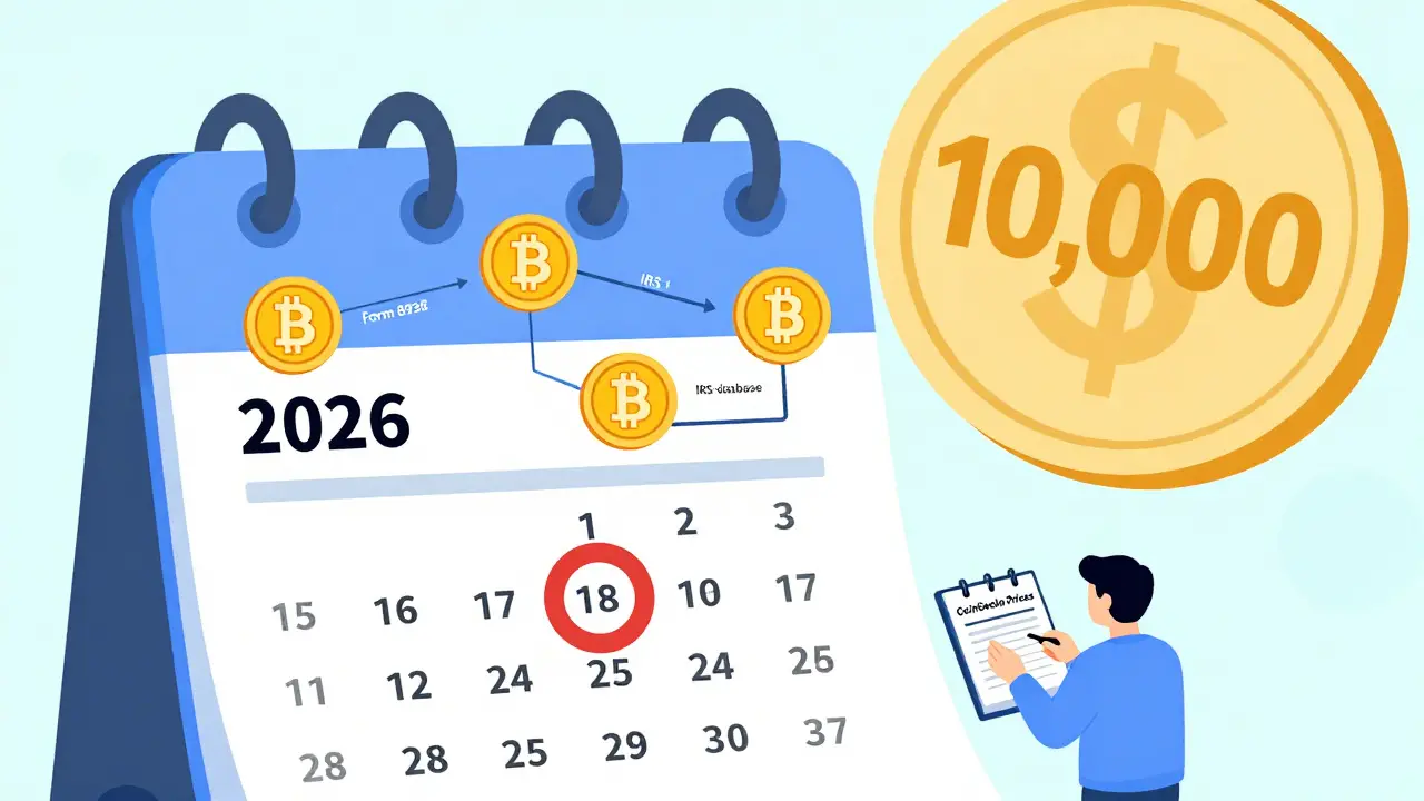 2026 calendar with crypto reporting flowchart leading to IRS database