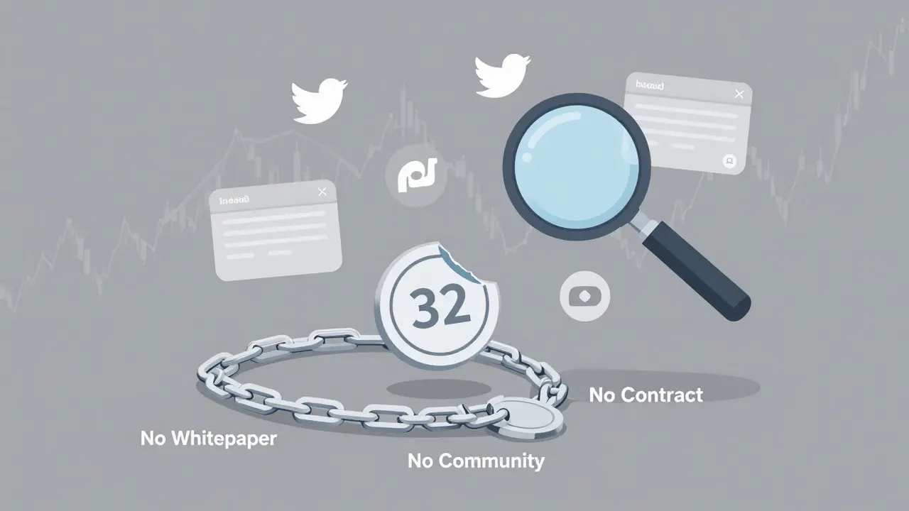 A broken blockchain with missing components and a floating, empty token labeled '32' in a void of faded social media icons.