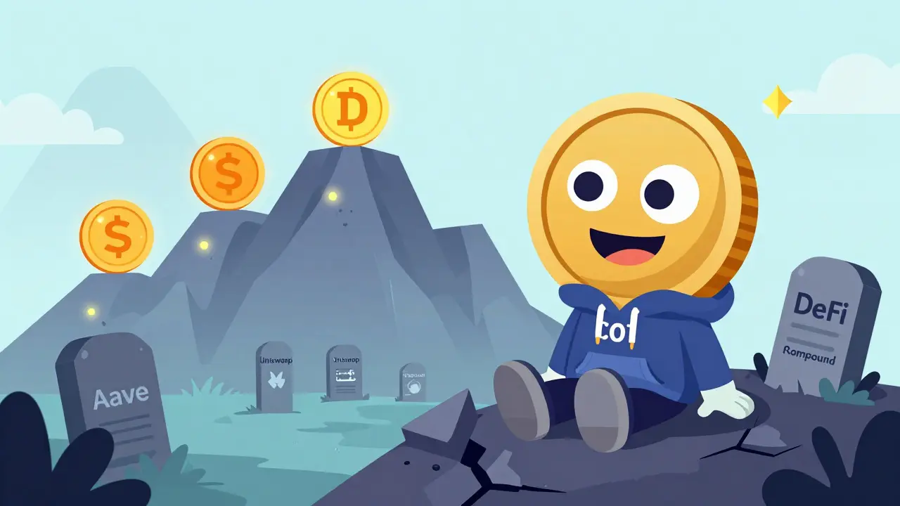 A cartoon COT coin in a 2018 hoodie sits alone on a crumbling DeFi mountain beside gravestones of active tokens.