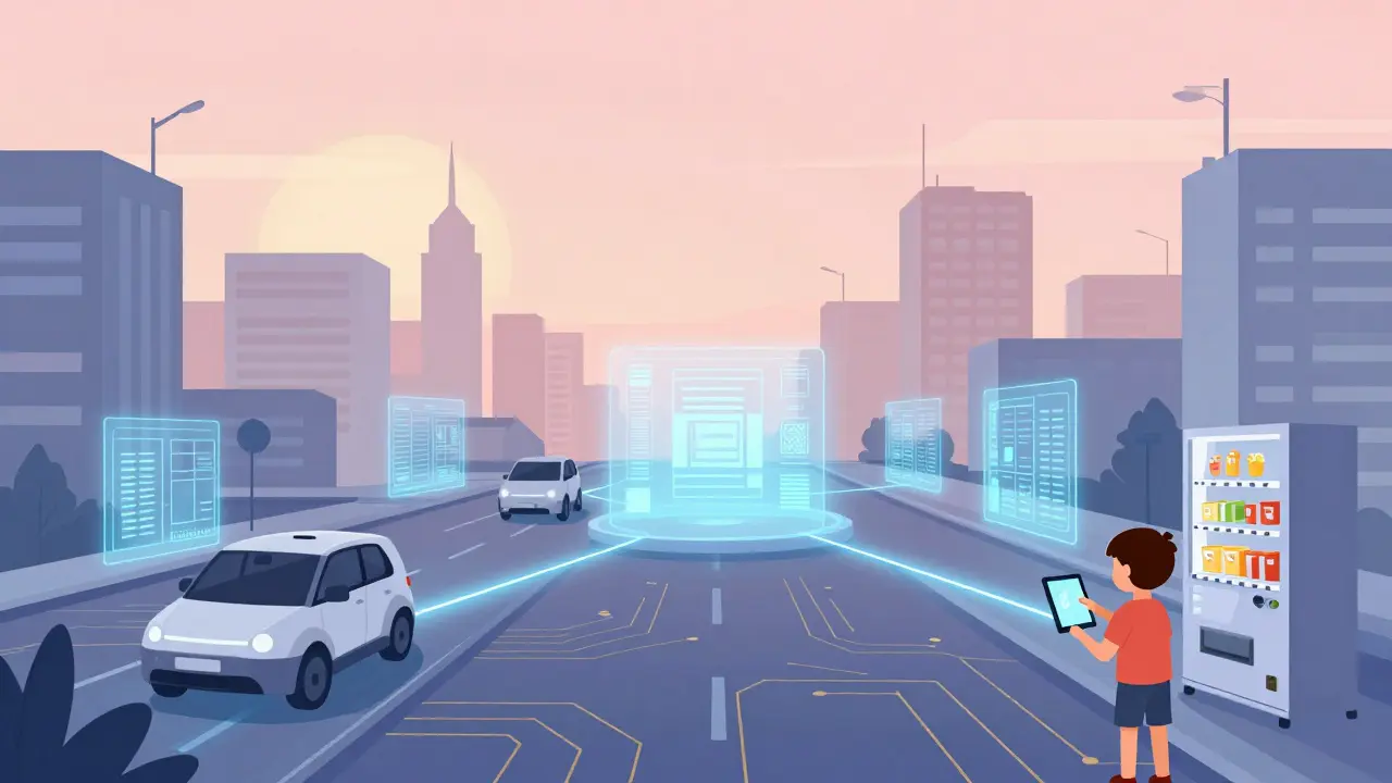 A child buys a snack in a smart city, unaware of the invisible state channel network powering millions of automated transactions.