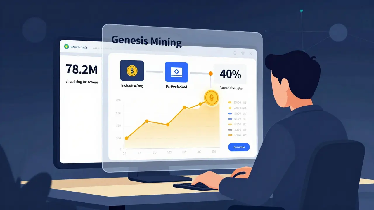 A developer viewing BP token supply data with 40% locked and a roadmap labeled 'Genesis Mining'.