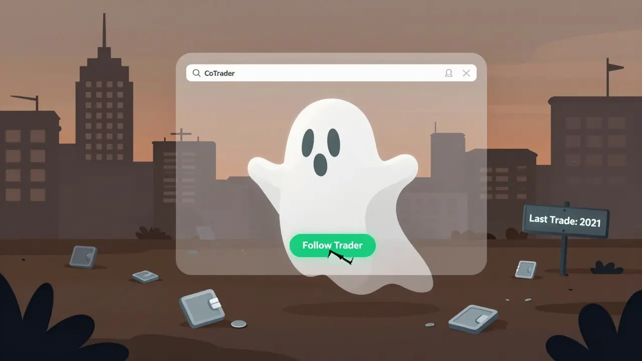 A faded CoTrader platform floats over an empty digital town, with a sign reading 'Last Trade: 2021' in flat illustration style.