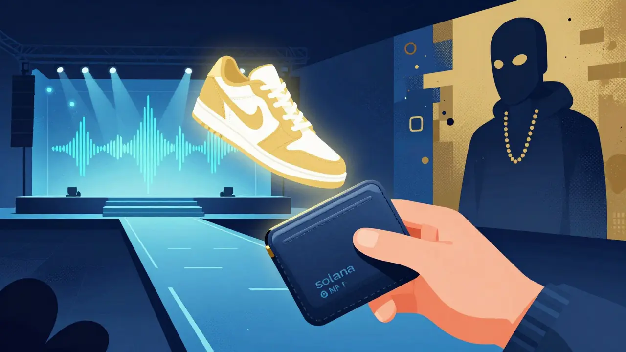 A hand reaching for a glowing NFT sneaker on a digital runway with a concert stage and mural in the background.